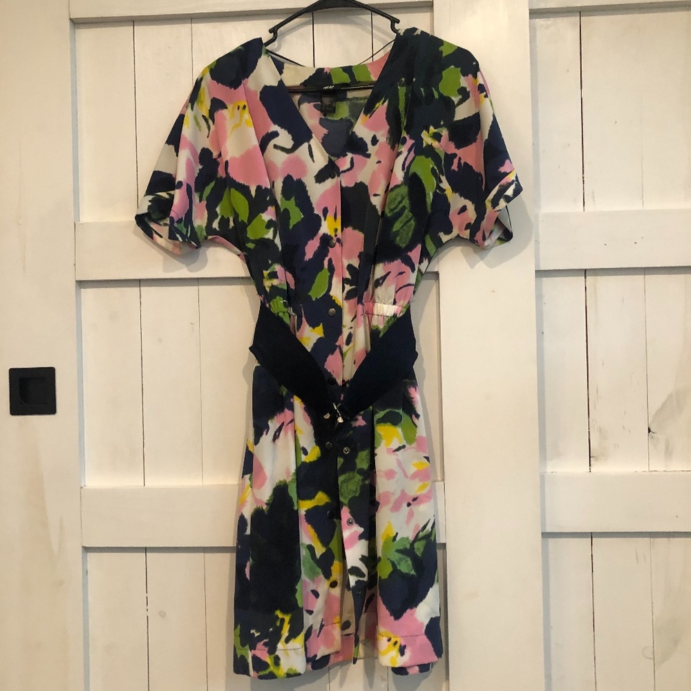 H&M Belted Snap-Front Watercolor Dress